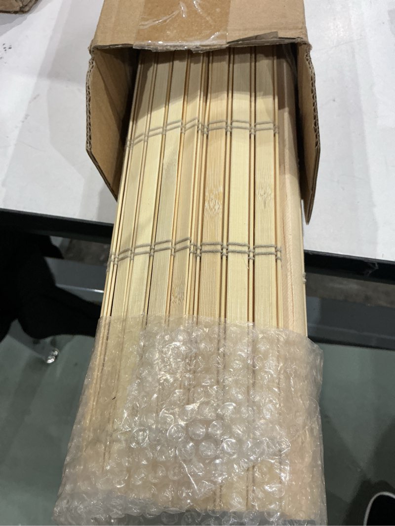 Condition photo showing As Is for unishades no drill cordless bamboo roman shades, light filtering woven natural bamboo window covering, easy install roman style shade, for window size 20" w × 64" h - alternate natural ?wide bamboo strips?alternate natural 20" w × 64" h