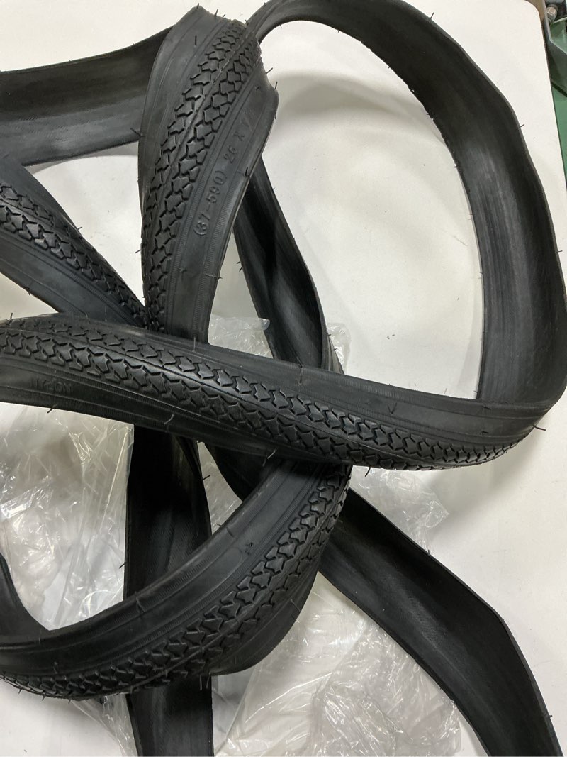 Condition photo showing As Is for hycline 26x1 3/8 bike tire set: 2-pack (37-590) folding high-density bicycle tires with schrader tubes & tire levers – fits vintage 26×1 3/8 city/commuter bikes classic diamond tread – black