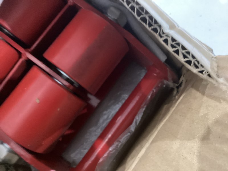 Condition photo showing As Is for FAHKNS Machinery Mover 6T 13200LB Capacity Machinery Skate 4 Wheels Dolly Skate Roller with 360 Degree Rotation Cap for Warehouse Workshop Factory, Red