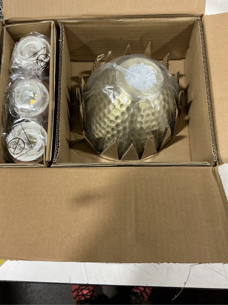Condition photo showing As Is for elyona hammered pendant lights for kitchen island, 7” small solid wood vintage metal hanging light fixture adjustable height antique gold pendant lamp for farmhouse, dining room, brushed brass, 3 pack small brass - 3 pack