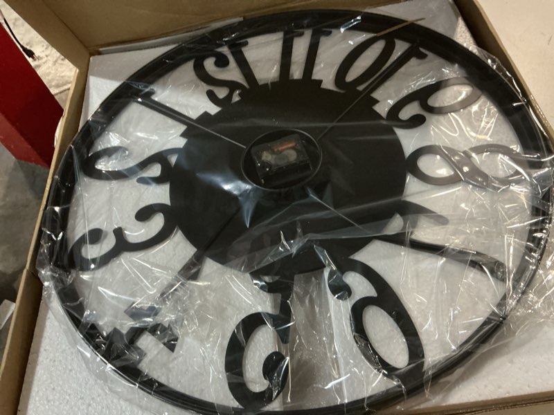 Condition photo showing Good Condition for maxstar round wall clock for living room decor battery operated non ticking silent vintage black metal wood clocks for home living room garden farmhouse office kitchen decoration -20 inch black-arabic numerals 20 inch