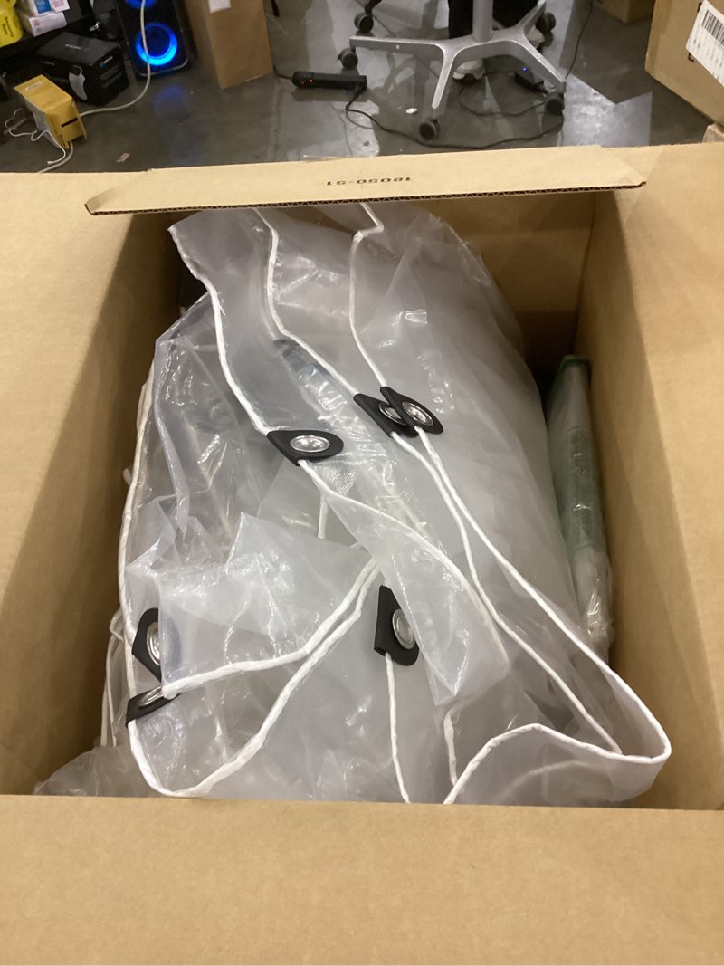 Condition photo showing As Is for 10x12ft Clear Waterproof Tarp with Grommets, Upgraded Edge Heat Fused Tear Resistant Clear Heavy Duty Tarps for Patio Fencing, Rain, Wind, Cold, Chicken Coops, and More?Windproof Rope+Tie-Downs?
