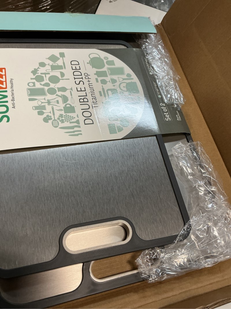 Condition photo showing Good Condition for Titanium Cutting Board Double Sided Food Grade, Pure Titanium/PP for Kitchen, Cutting Board Easy to Clean[15.5”*10.5”+12”*8.5”] Silver Set of 2 (15.5" x 10.5", 12" x 8.5")