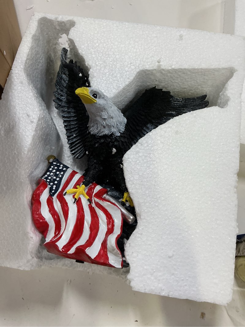 Condition photo showing As Is for patriotic american eagle statue, vintage bronze resin sculpture with flag base, realistic national pride decor for living room, study, or office (classic rock)