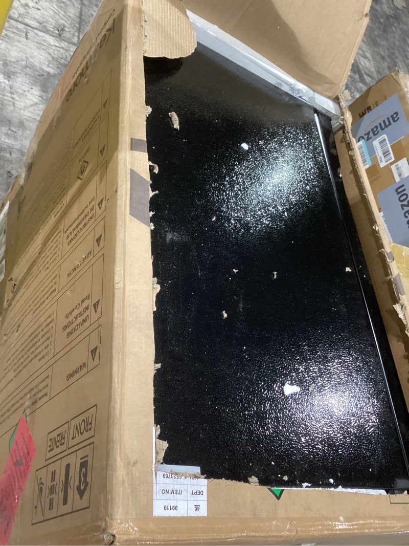 Condition photo showing As Is for kenmore 21" compact refrigerator with chiller compartment - reversible door, adjustable glass shelves, energy star certified, 4 can rack, interior lighting, freestanding, 4.5 cu. ft. capacity - black 4.5cf