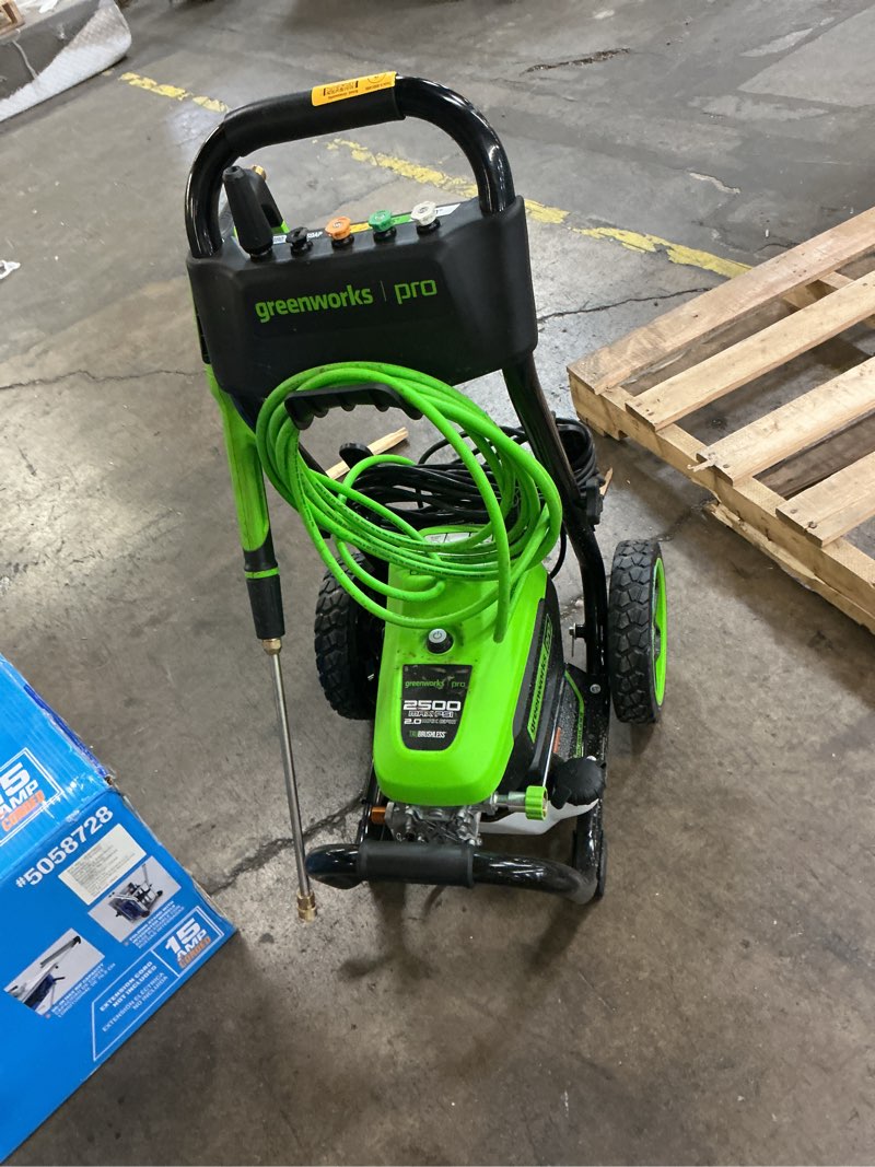 Condition photo showing As Is for greenworks 2500-psi 2-gpm cold water electric pressure washer with 5 spray tips