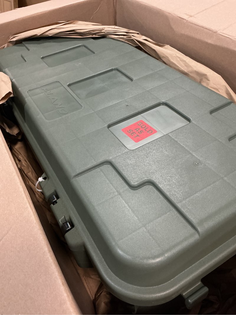 Condition photo showing As Is for Plano Storage Trunk with Wheels, Green, 108-Quart, Lockable Storage Box, Rolling Airline Approved Sportsman Trunk, Hunting Gear and Ammunition Bin, Heavy-Duty Containers for Camping Large Olive Drab