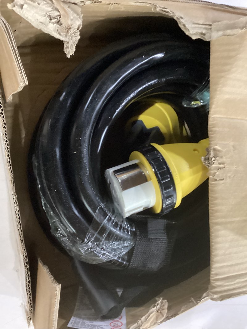Condition photo showing Good Condition for (not tested)25ft 50 amp generator cord, nema 14-50p/ss2-50r heavy-duty 4 conductors cable, pure copper stw rv extension cord, female plug with twist lock, suitable for rv or camper, etl listed