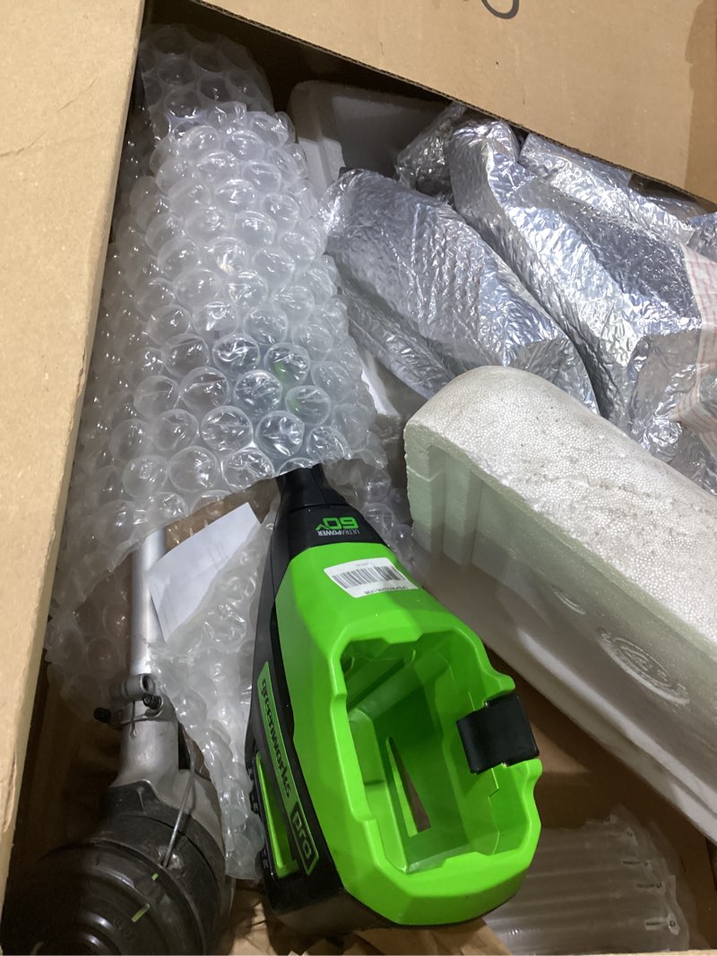 Condition photo showing As Is for used no battery greenworks 60v 16\" brushless cordless string trimmer - 65min runtime for 2-mile fence lines & large properties, 2x quieter than gas, 2.5ah battery/charger included 60v 16\" trimmer (2.5ah)