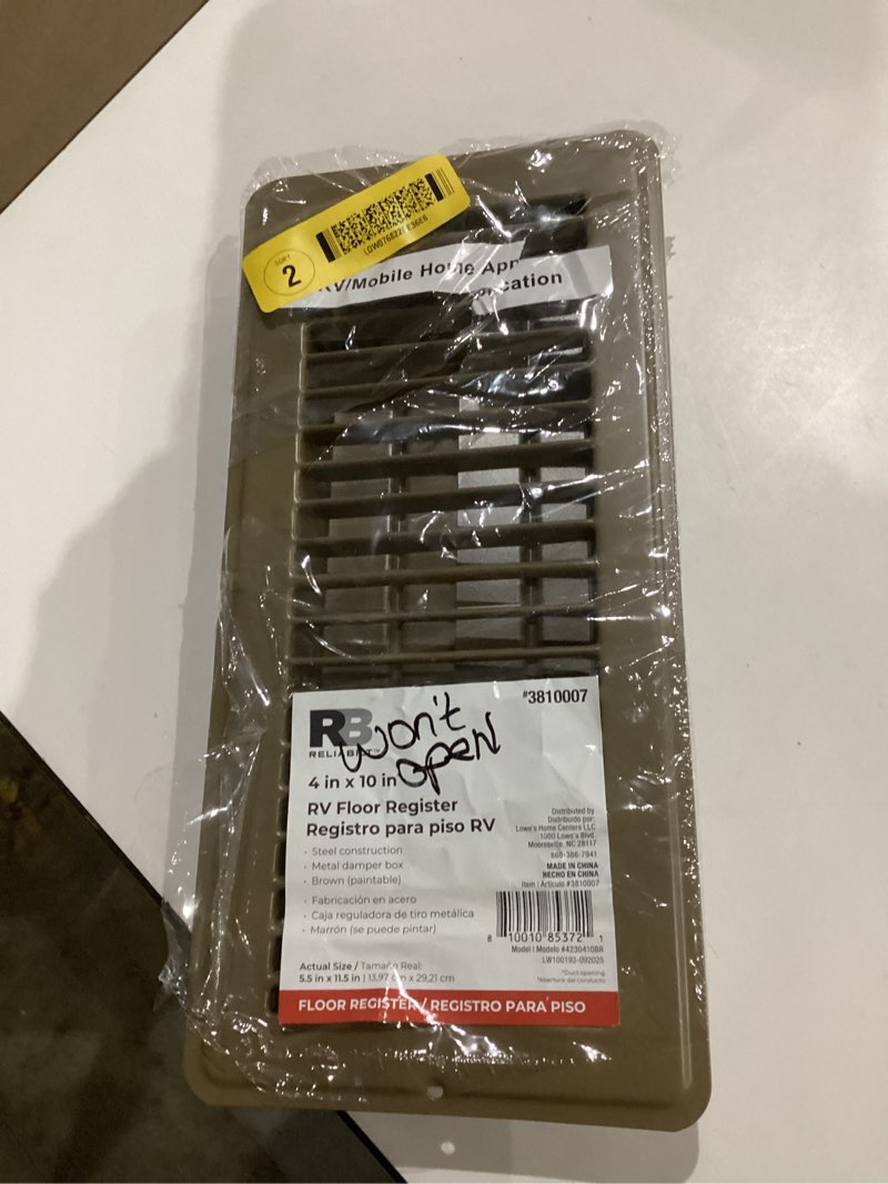Condition photo showing As Is for reliabilt 4-in x 10-in steel brown floor register 