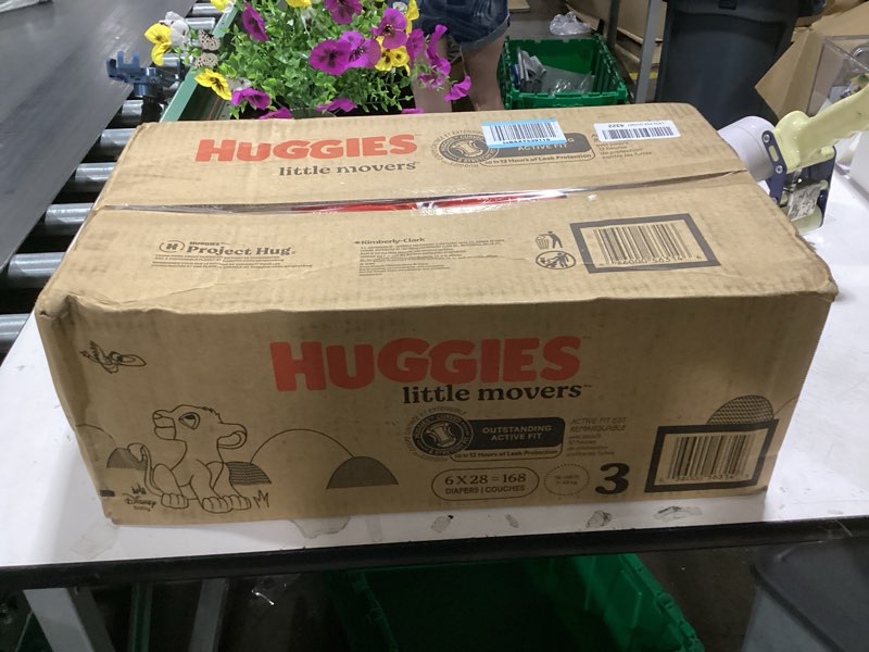 Condition photo showing New/Like New for huggies size 3 diapers, little movers baby diapers, size 3 (16-28 lbs), 168 count (6 packs of 28), packaging may vary size 3 168