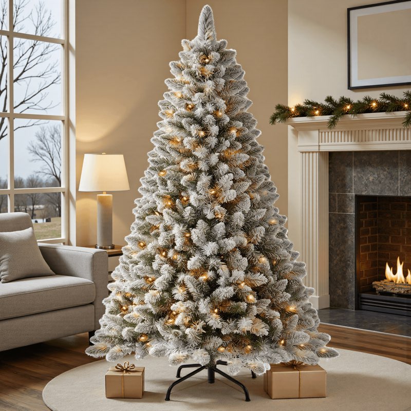 7.5 FT Prelit Christmas Tree, Artificial Spruce Christmas Tree with 350 Warm White LED Lights, 1100 PVC Branch Tips, Easy Assembly/Metal Stand/Hinged Branches Decoration PVC Color+Cleae Lights 7ft 6in