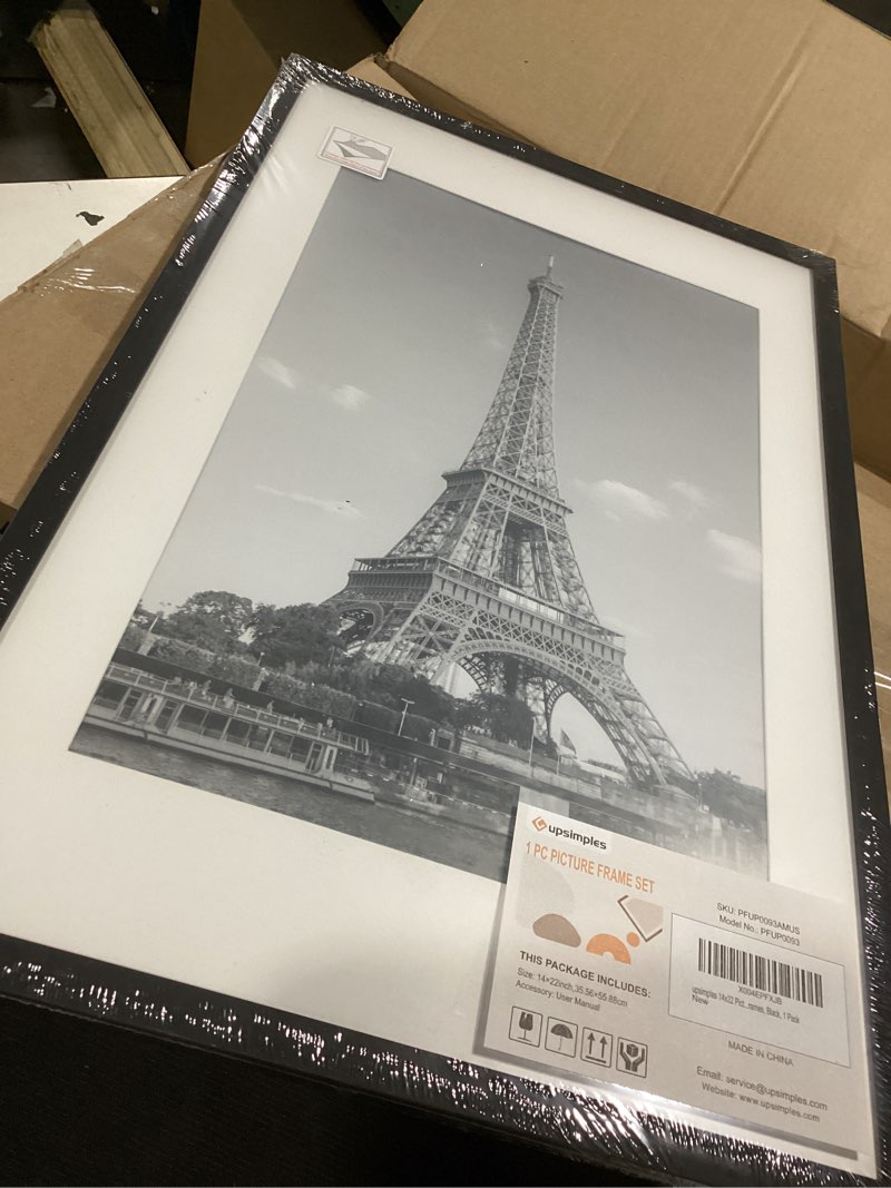 Condition photo showing Good Condition for upsimples 14x22 picture frame, display pictures 11x17 with mat or 14 x 22 without, wall hanging newspaper frames, black, 1 pack black 14x22