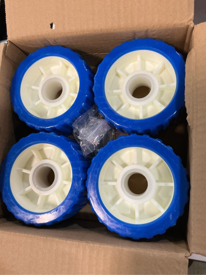 Condition photo showing New/Like New for boat trailer rollers pu ribbed wobble roller 5in odx3in w fit 7/8-9/8" diameter shaft with 8 flat washers and 4 cotter pins xx-large