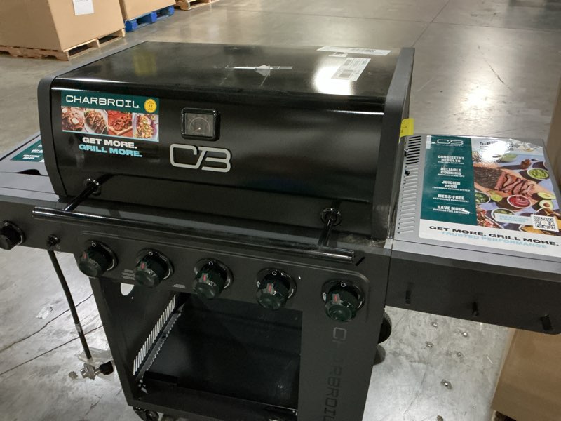 Condition photo showing As Is for charbroil gas grill, performance series flavormax 5 burner grill with side burner and griddle, black