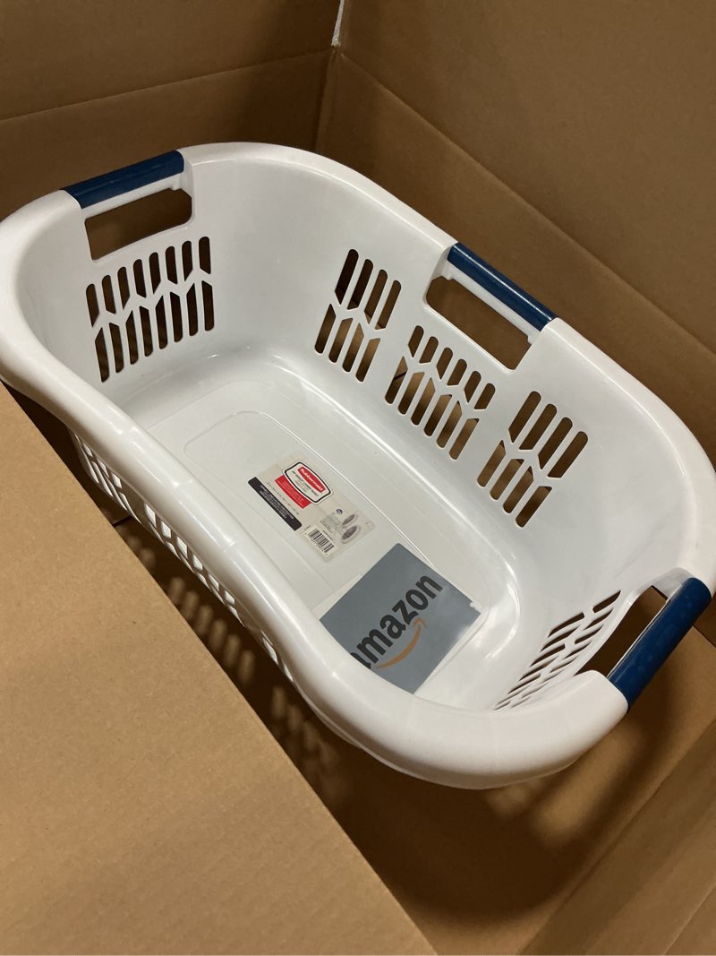 Condition photo showing Good Condition for Rubbermaid Hip Hugger Laundry Basket FG299787WHT 3 Handle 1.5 Bushel White