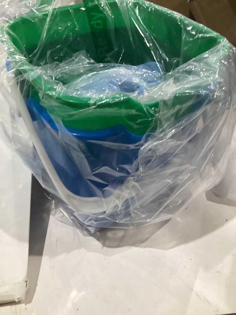 Condition photo showing As Is for only 2 matthew red&green&blue detergent and sanitizing cleaning bucket 3 quart cleaning pail,set of 3 square containers,built-in spout w/handle,wash rinse sanitize handwash bucket,incl.3pcs microfiber cloths red&green&blue 3 quarts-3pack