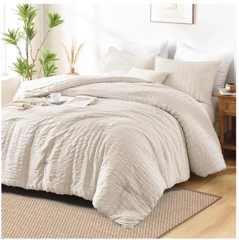 avelom beige seersucker king comforter set (104x90 inches), 3 pieces-100% soft washed microfiber lightweight comforter with 2 pillowcases, all season down alternative comforter set for bedding