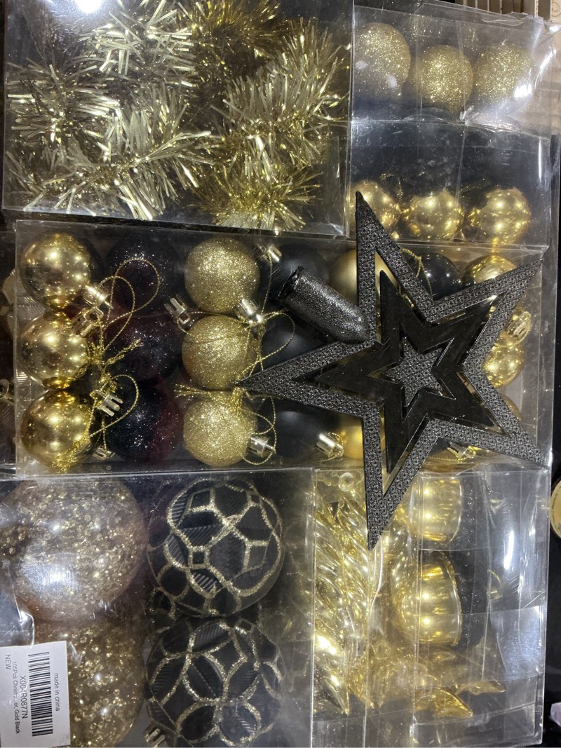 Condition photo showing New/Like New for 123pcs Christmas Ball Ornaments Set, Shatterproof Plastic Balls for Classic Xmas Decorations, Hanging Ornaments for Christmas Tree, Holiday, Bridal, Home Party, Gold and Black Gold Black