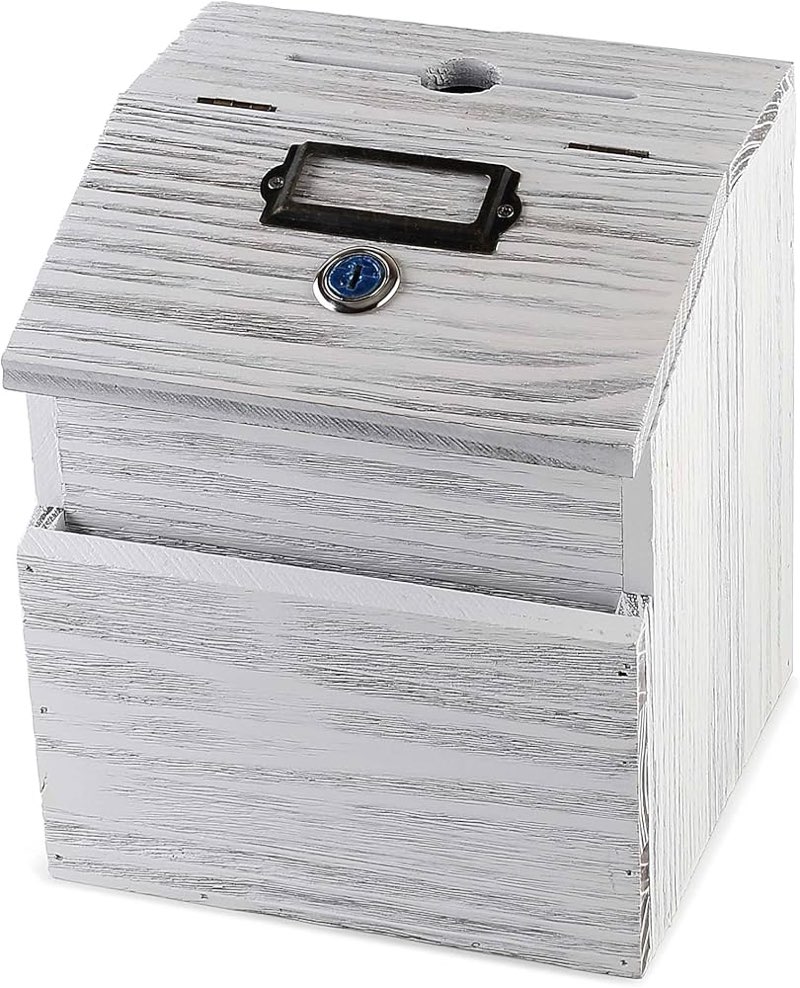 Wood Charity Donation collection Box Office suggestion Ballot Box With wide slot for envelopes and suggestion comment forms, Pocket and Locking Hinged Lid & Pen for Table Or Countertop(Rustic-White)