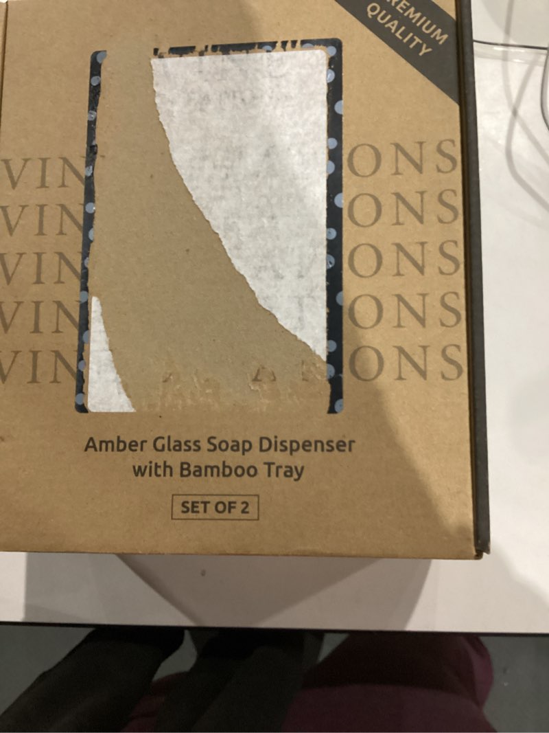 Condition photo showing New/Like New for Vine Creations Amber Glass Soap Dispenser Set - Kitchen Soap Dispenser Set with Tray - Bamboo Dish Soap and Hand Soap Dispensers Set for Bathroom - Modern Kitchen Decor with Waterproof Labels Amber Bottle / Bamboo Pump and Tray