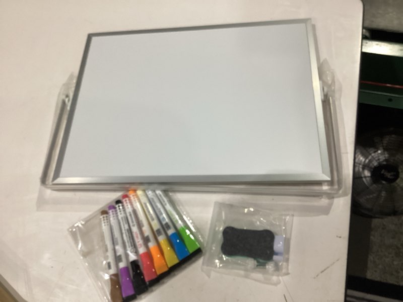 Condition photo showing New/Like New for dry erase magnetic white board, 16" x 12" double-sided desktop whiteboard with stand, portable small whiteboard set for drawing, office, home white 16'' x 12''
