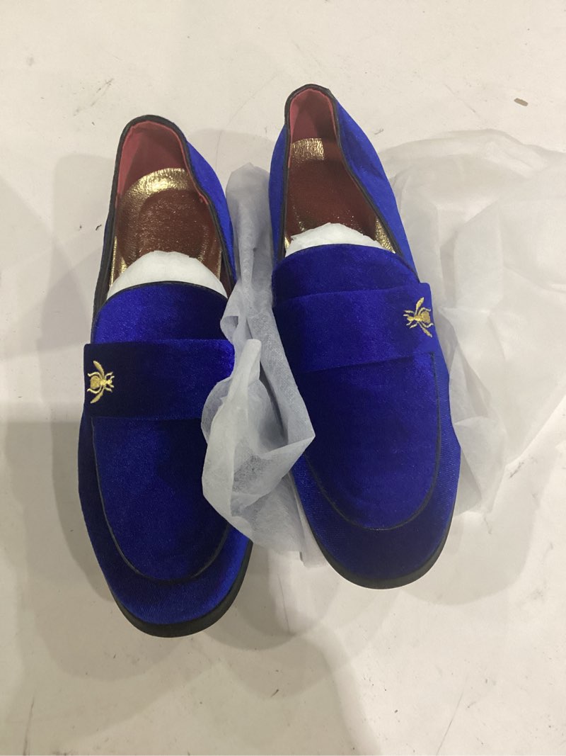 Condition photo showing Good Condition for flql men's luxury penny loafer slip-on velvet shoes party dancing shoes suede wedding shoes plus size 7-13 8 d-blue-3