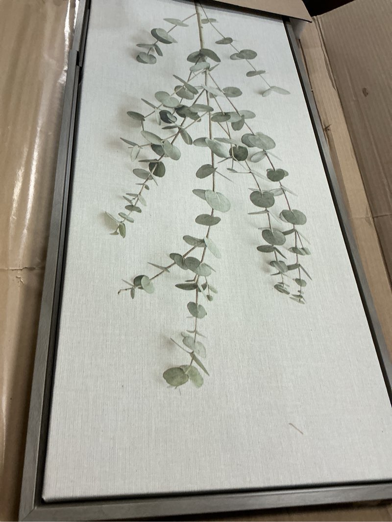 Condition photo showing Good Condition for kate and laurel eucalyptus botanical i framed linen textured canvas wall art by the creative bunch studio; 18x40 gray; decorative plant art 40"l x 18"w gray