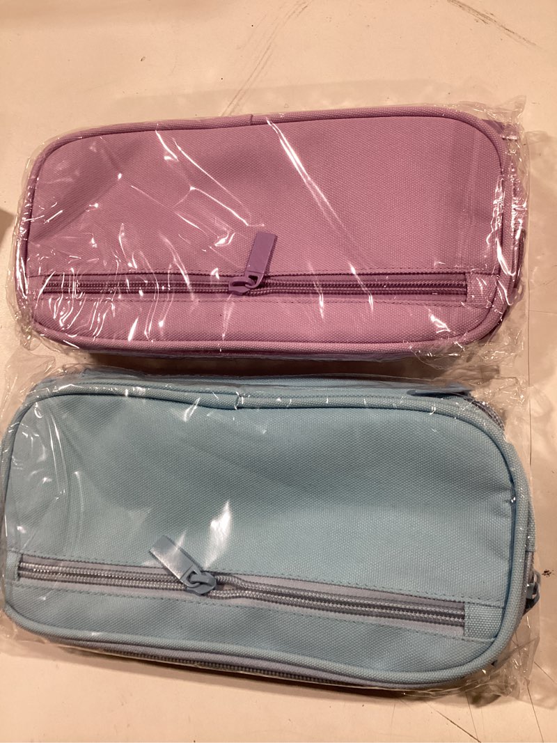 Condition photo showing As Is for Lincia 2 Pack Big Capacity Pencil Case Multi-slot Pencil Pouch Durable Pen Box Portable Makeup Bag with Handle for Office Aesthetic Back to School Supplies for Girls Teens(Blue,Purple)