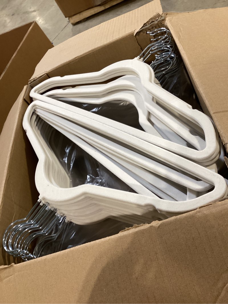 Condition photo showing Good Condition for house day premium velvet hangers 100 pack white, non-slip flocked felt hangers, sturdy clothes hanger with 360° rotatable hook, heavy duty durable slim coat hanger for closet space saving 100 pack white/ silver