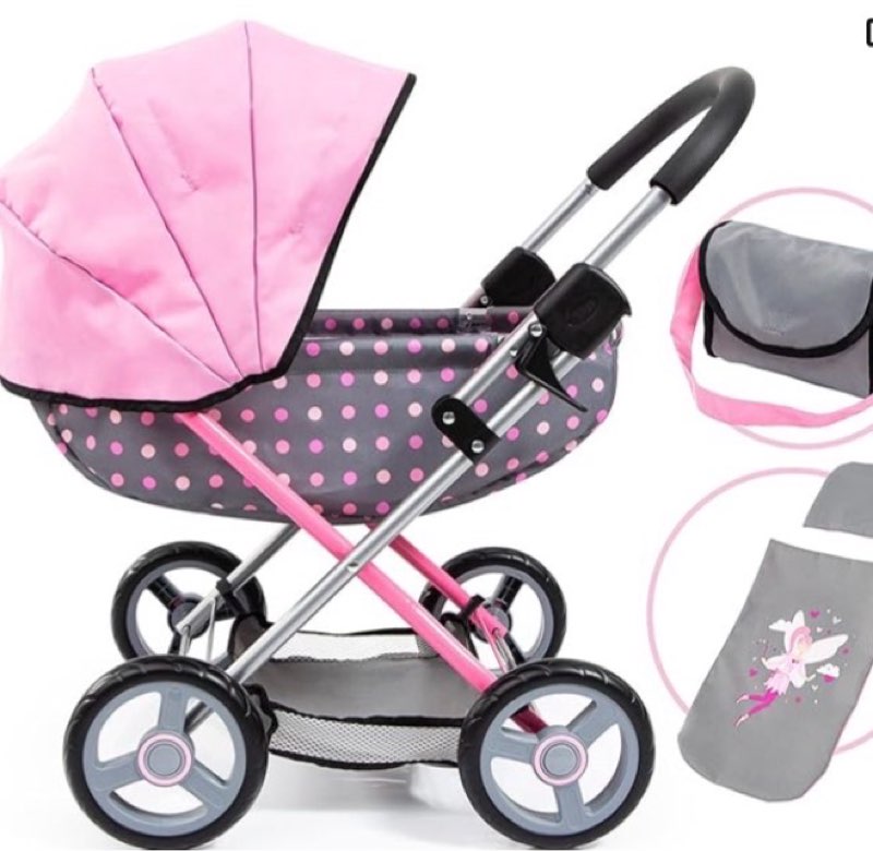 Bayer: Pram Cosy, Fairy Poka Dot Grey Pink - Includes Blanket+Pillow+Handbag, for Dolls Up to 18", Ages 3+