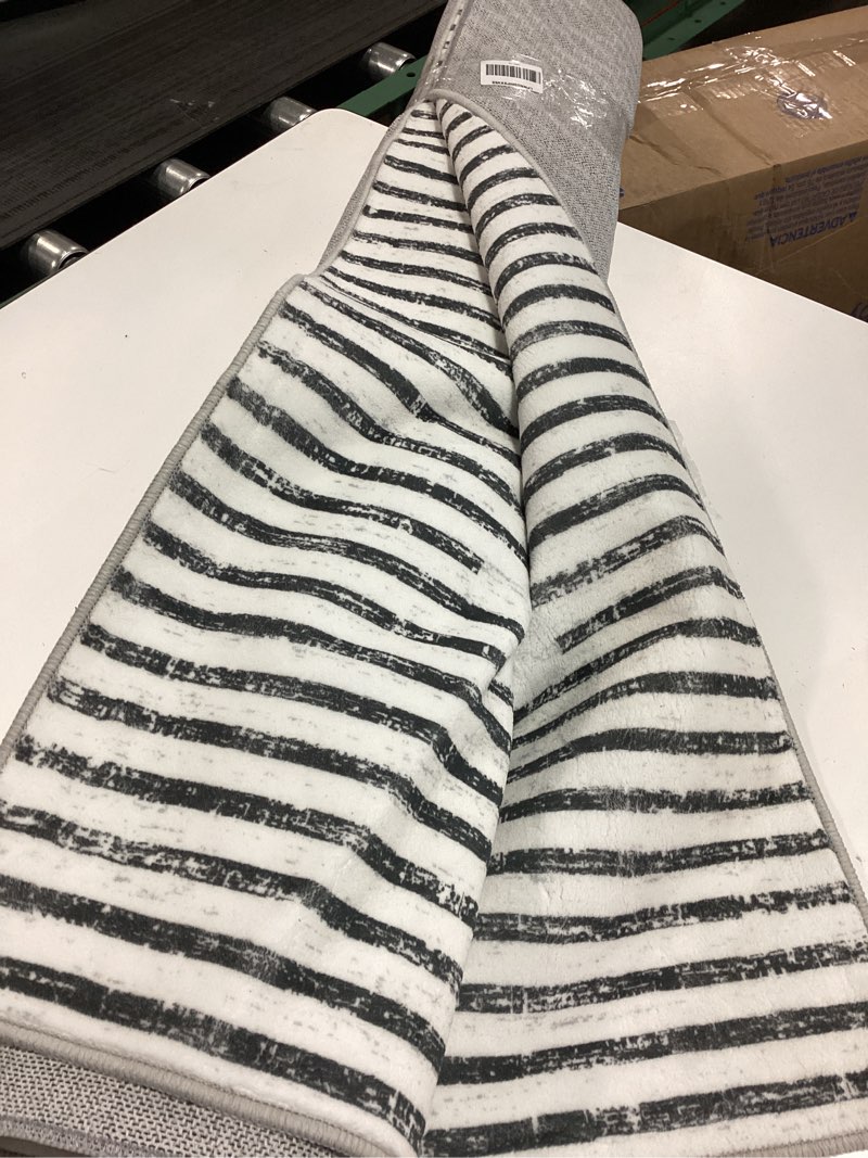 Condition photo showing Good Condition for Area Rug 8x10 Washable Rug Modern Stripe Indoor Farmhouse Rugs Low Pile Non Slip Throw Carpet Bohemian Minimalistic Non-Shedding Bedroom Rugs Foldable Thin Mat for Living Room Dorm Black Lines Black Lines 8' x 10' (Rectangular)