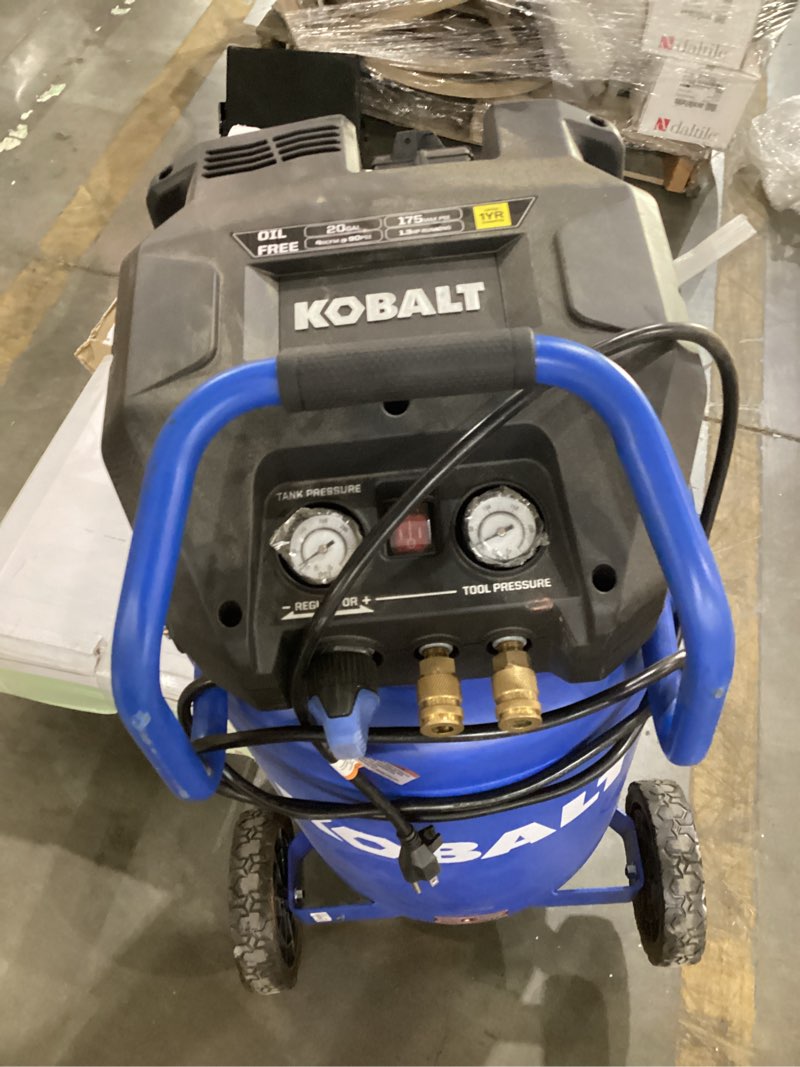 Condition photo showing As Is for kobalt 20-gallon portable electric 175 psi vertical air compressor