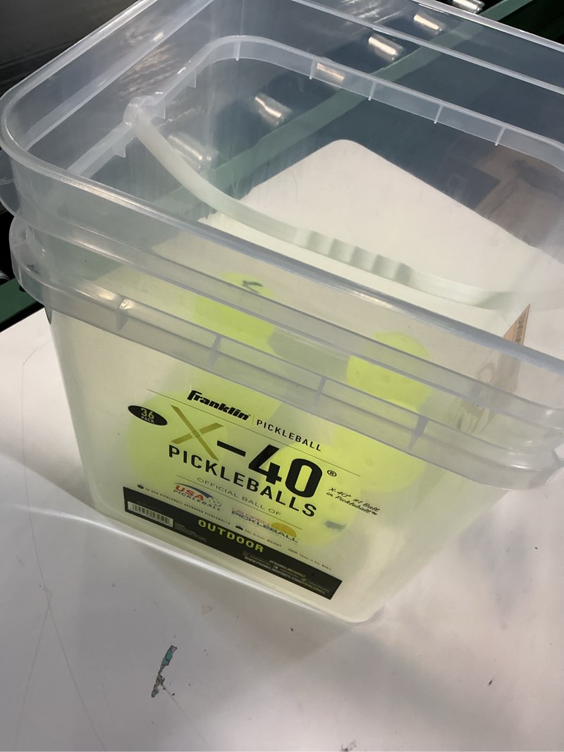 Condition photo showing Good Condition for (Incomplete)Franklin Sports X-40 Outdoor Pickleballs - Official Ball of USA Pickleball, APP Tour + Pickleball US Open - 3 Packs, 12 Packs, 36 Pickleball Buckets, 50, 100 + 400 Bulk Packs of Regulation Pickleballs 36 Count Yellow