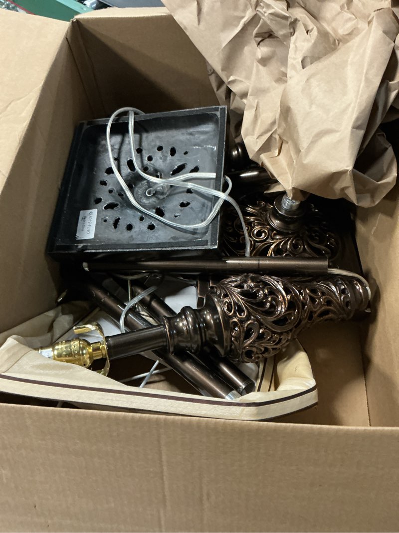 Condition photo showing As Is for Vintage Floor Lamp with Night Light, 65" Retro Standing Lamp with Brown Finish and Beige Faux Silk Shade, Farmhouse Industrial Design Tall Lamp for Living Room Bedroom Bedside Corner (Bulb Included) Brown-No Tray