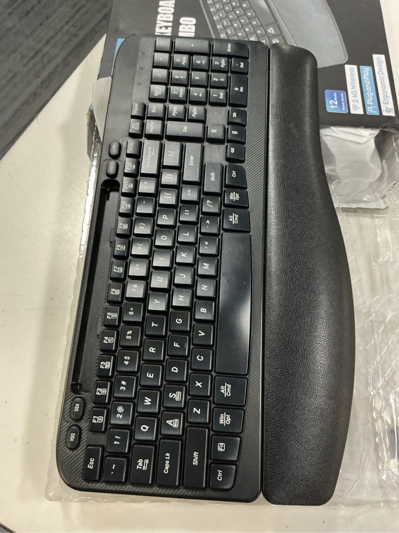 Condition photo showing As Is for wireless keyboard and mouse combo, wave keys full-sized ergonomic keyboard with cushioned plam rest, phone holder, comfortable natural typing, 2.4g cordless set for computer, laptop, pc, mac, windows black