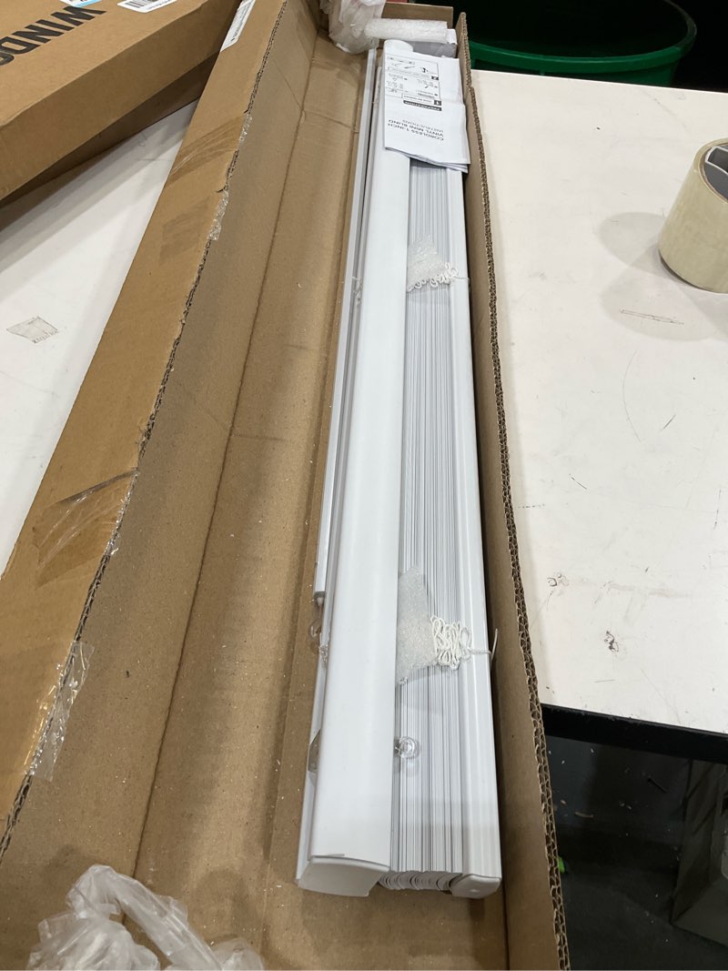 Condition photo showing Good Condition for chicology cordless mini blinds, 1 inch vinyl window blinds, room darkening & privacy, easy install with adhesive brackets, child safe, for windows, doors & campers, midnight white,31.5" w x 48" h 31.5"w x 48"h midnight white (blackout)