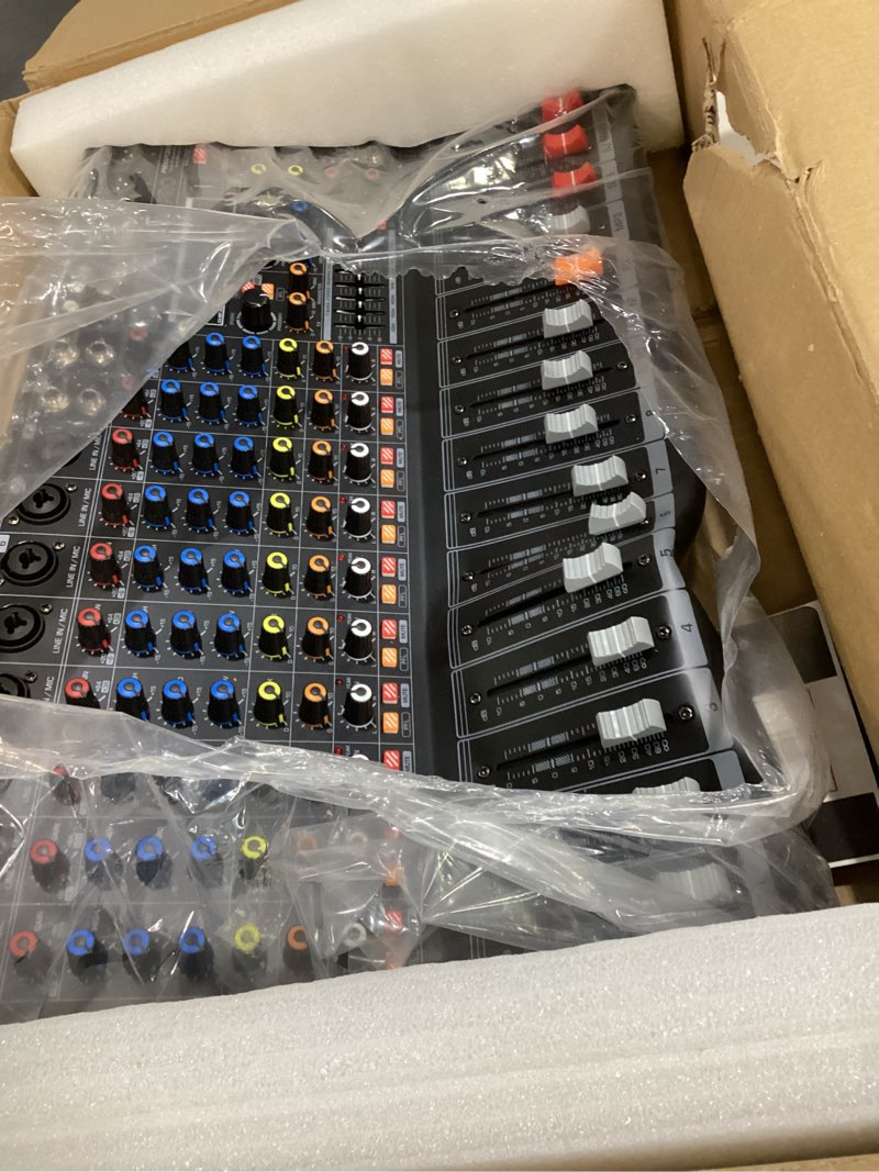 Condition photo showing As Is for pyle 12-channel bluetooth studio audio mixer - dj sound controller interface w/ usb drive for pc recording input, rca, xlr microphone jack, 48v power, for professional and beginners- pmxu128bt,black