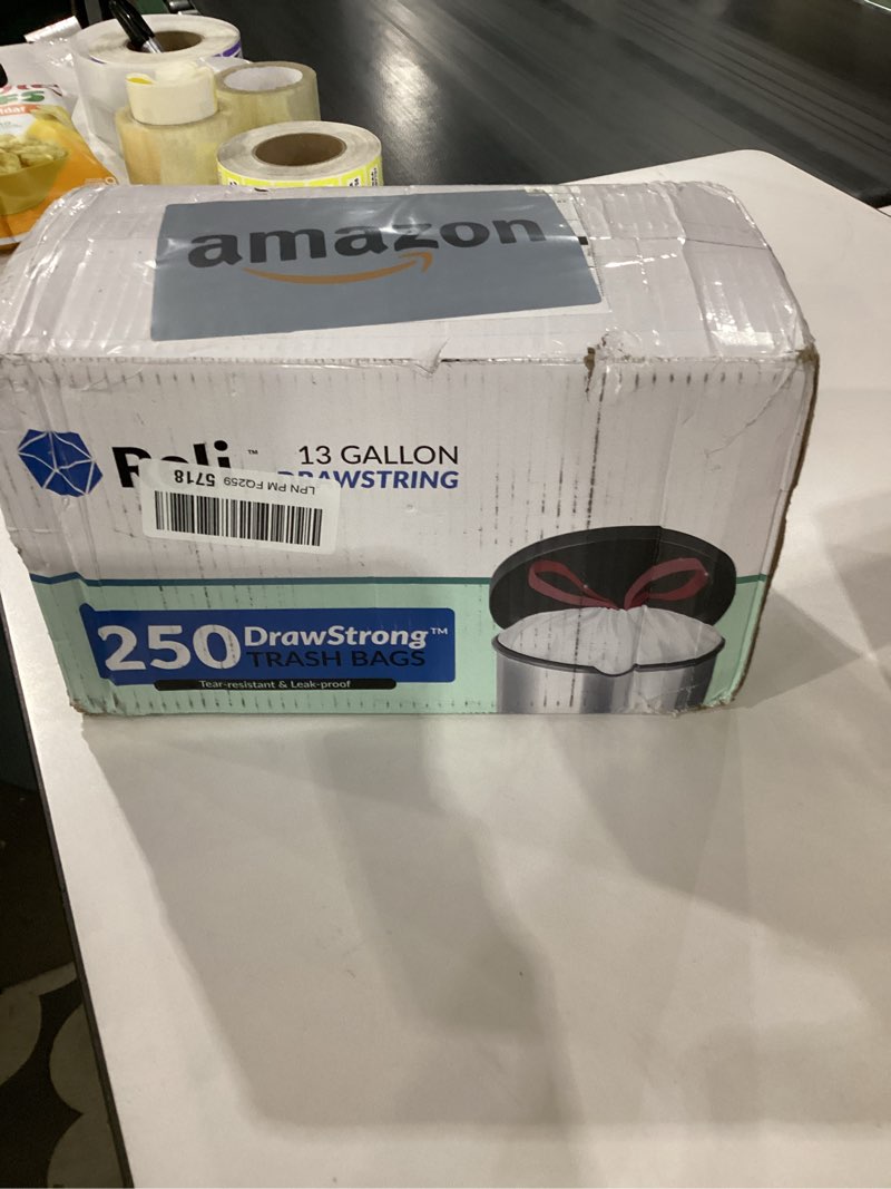Condition photo showing As Is for reli. drawstring trash garbage bags, tall kitchen, 250 count bulk, white, 13 gallon - 16 gallon capacity