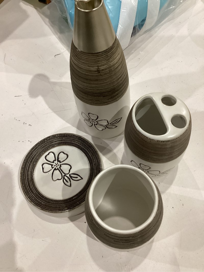 Condition photo showing Good Condition for deluxe dual tone white with clay bathroom accessories set 4 pcs - toothbrush holder, lotion soap dispenser, bathroom tumbler, soap dish (set of 4)