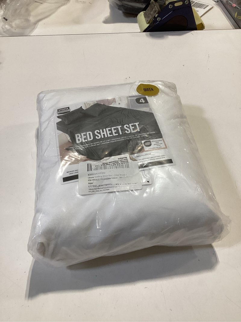 Condition photo showing New/Like New for utopia bedding queen sheet set 4 piece bed sheets for queen size bed, hotel luxury, extra soft, cooling bed sheets - wrinkle, and fade resistant (white) white queen
