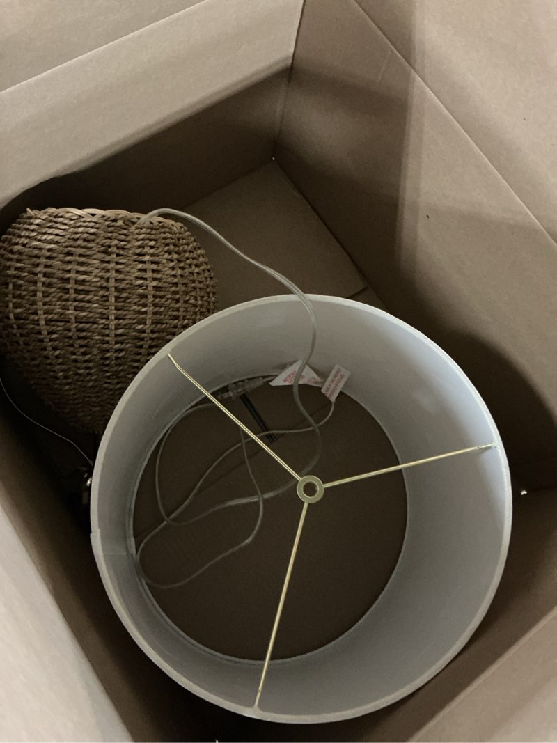 Condition photo showing As Is for jonathan y 20.5" brown rattan and iron led table lamp, coastal bohemian farmhouse woven nightstand lamp with white linen drum shade, etl listed, led bulb included jyl8029a
