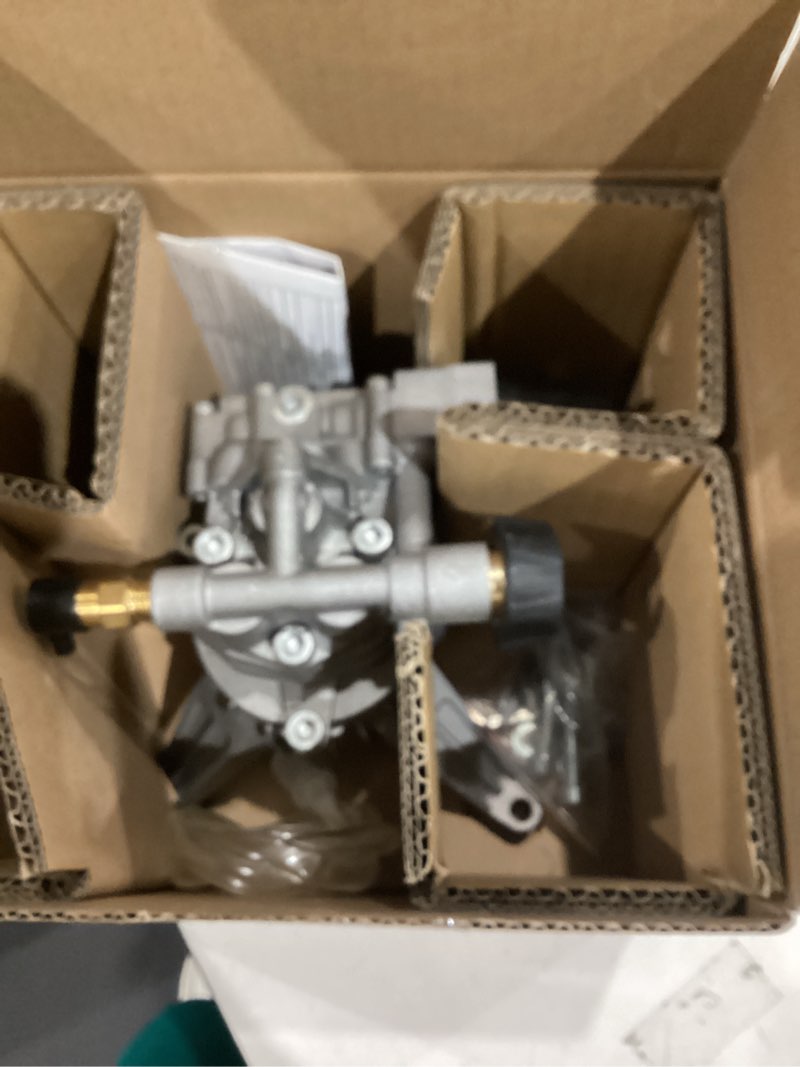 Condition photo showing Good Condition for biswing pressure washer pump, 7/8" shaft vertical plunger, 3400 psi max, 2.5 gpm, replacement pump for gas power washer, rear facing inlet/outlet rear inlet