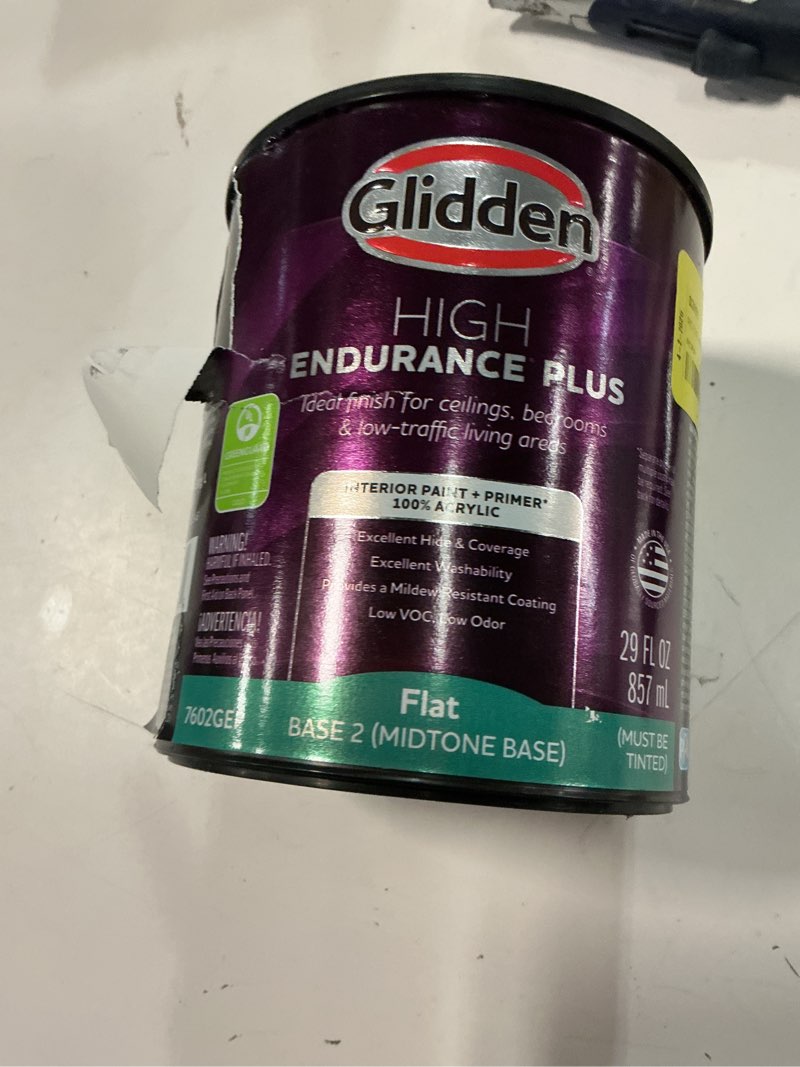 Condition photo showing As Is for glidden hep exterior paint and primer all in one, dyeable, flat base 2(midtone base) , 1 quart