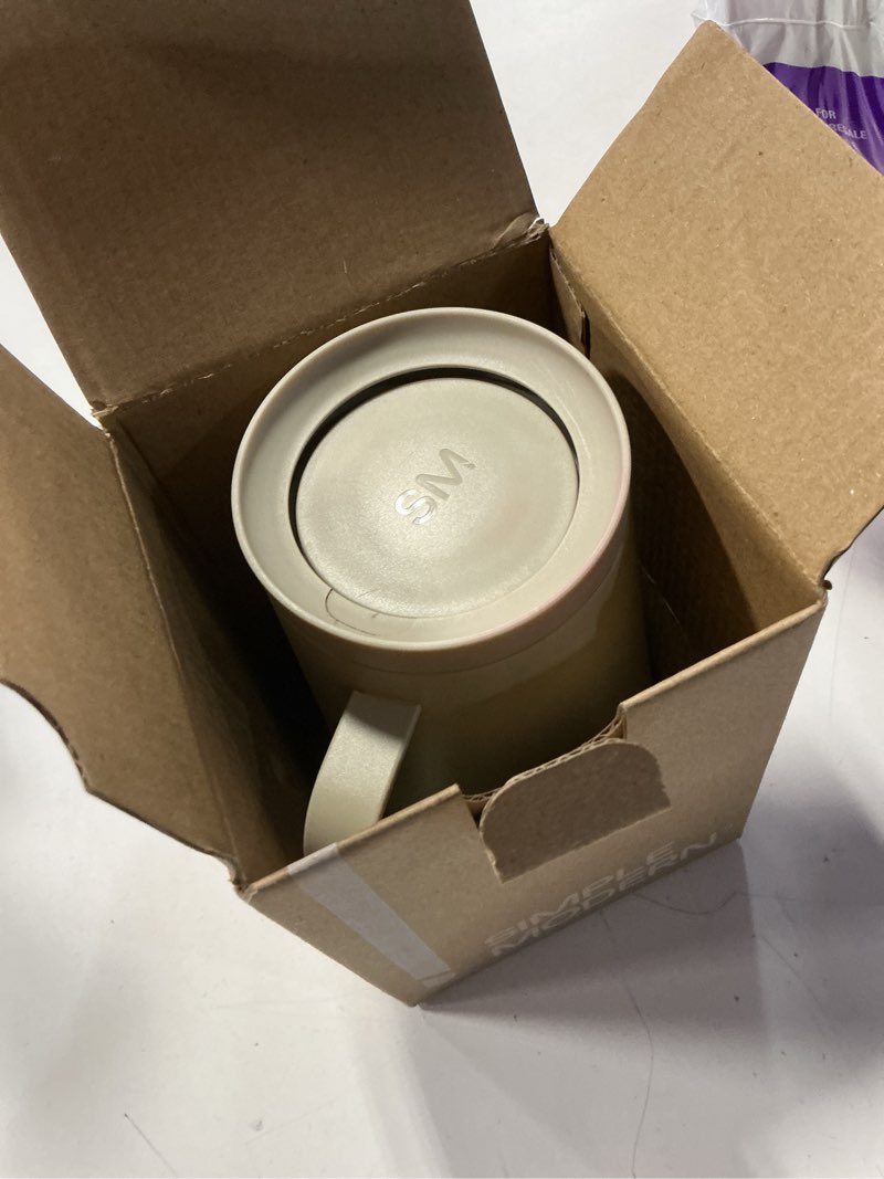 Condition photo showing As Is for simple modern voyager signature mug | travel coffee tumbler with 360° lid and handle | ceramic-lined insulated stainless steel iced cold brew cup | 12oz, almond birch -almond birch 12 ounces