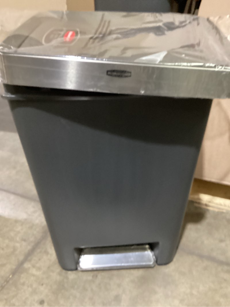 Condition photo showing As Is for rubbermaid premier series iii step-on trash can for home and kitchen, with stainless steel rim, 12.4 gallon, charcoal, for home/kitchen/garage/apartment/office