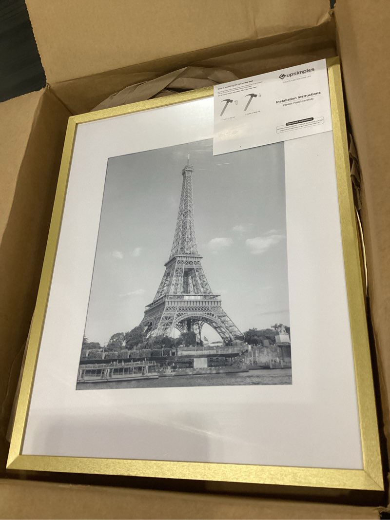 Condition photo showing Good Condition for upsimples 16x20 picture frame, display pictures 11x14 with mat or 16 x 20 without, wall hanging poster frame, gold, 1 pack gold 16x20
