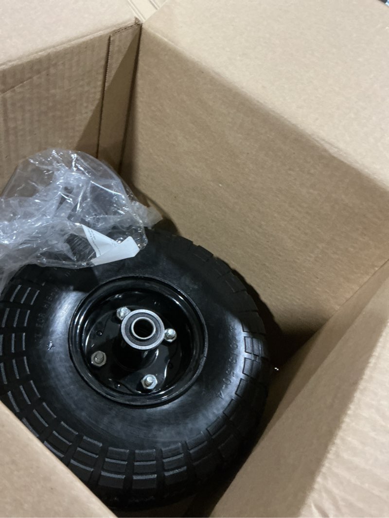 Condition photo showing As Is for ar-pro (2-pack) 10-inch solid tires wheels, 4.10/3.50-4 flat-free tire replacement with 5/8" bearings & 2.2" offset hub, fits hand trucks, wheelbarrows, garden & utility carts black