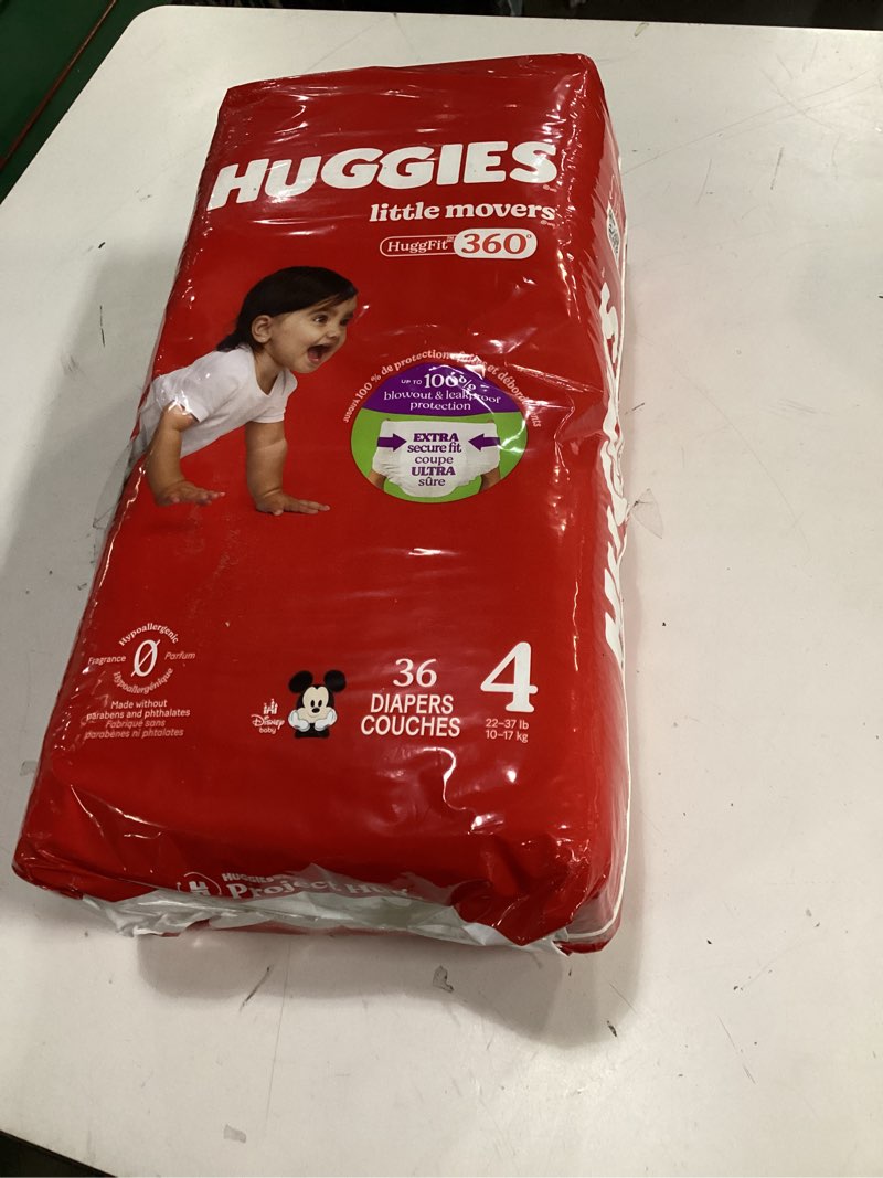 Condition photo showing New/Like New for huggies size 4 baby diapers, little movers huggfit 360° baby diapers with 360° waistband, size 4 (22-37 lbs),  count (1 packs of 36), packaging may vary size 4 36