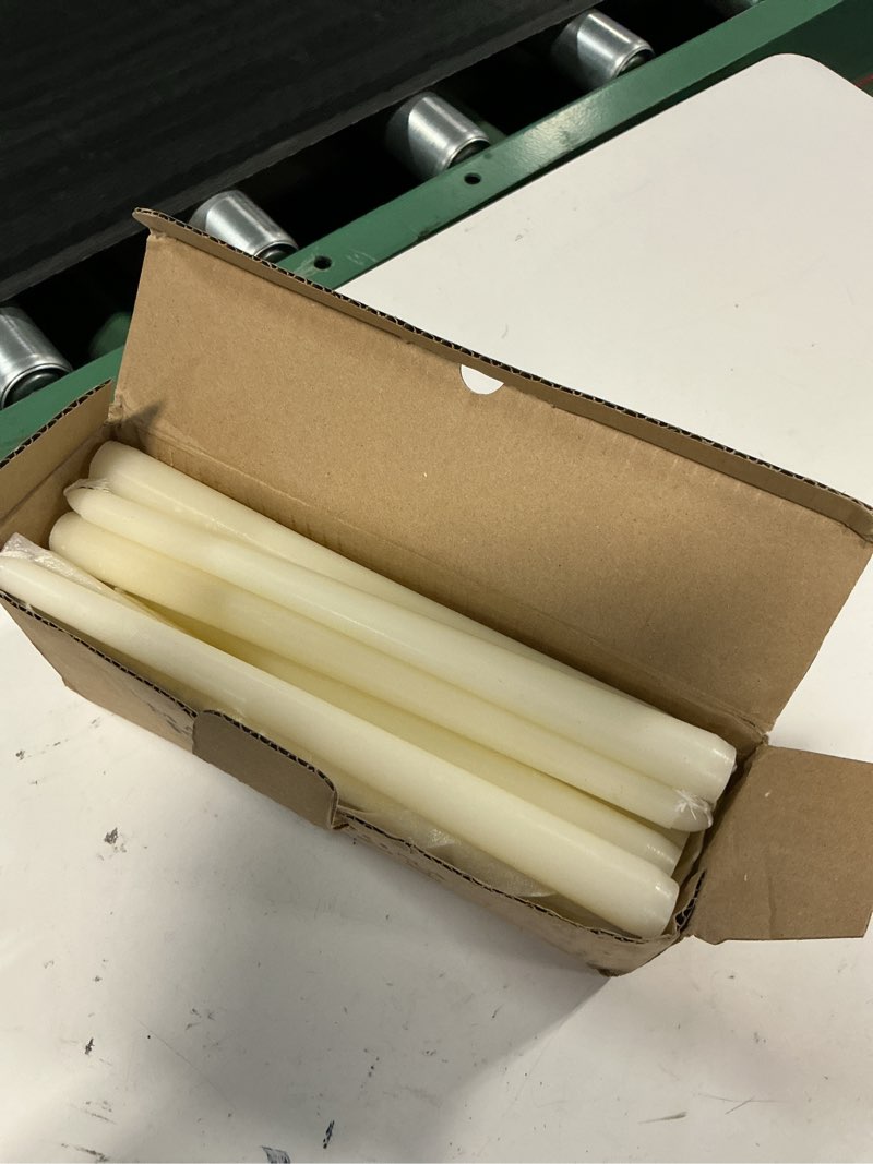Condition photo showing New/Like New for flamecan ivory taper candles, set of 20 unscented and smokeless 10 inch taper candles long burning, paraffin wax with cotton wicks for burning approxinately 7-8 hours time